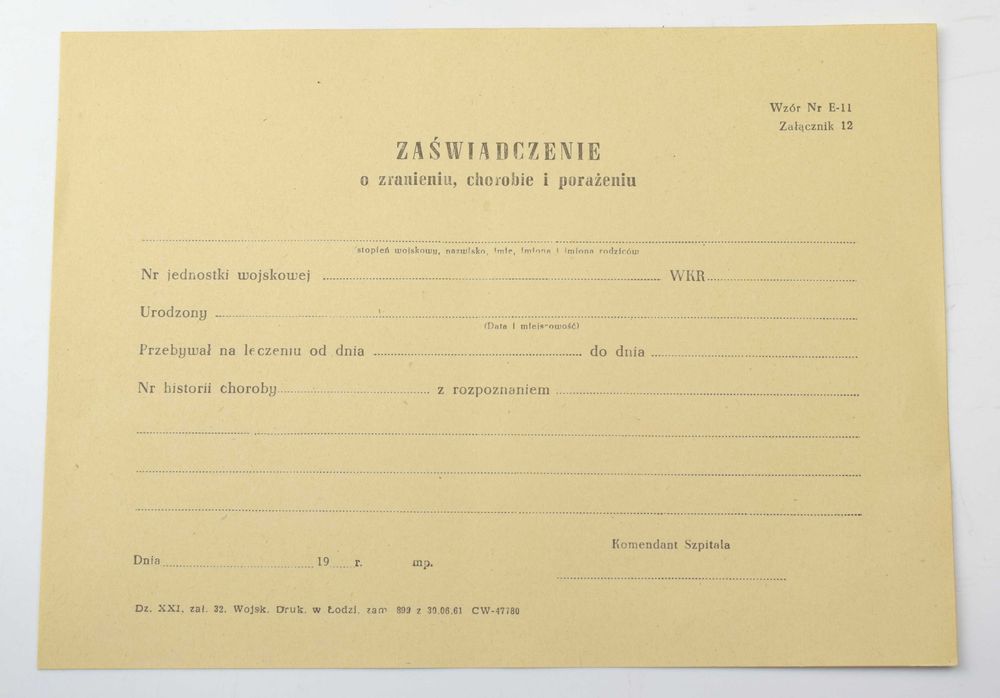 Wojskowe zaświadczenie o zranieniu, chorobie i porażeniu