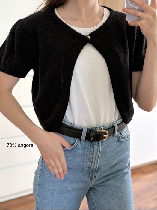 Wełniane miękkie puszyste bolerko bolero kardigan przytulny sweterek BikBok Fluffy M 38 70% angora czarne wełna wool bufki jesienne jesień retro y2k