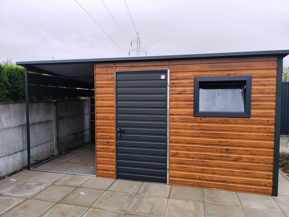 Drewnopodobny Domek do Ogrodu z Wiatą