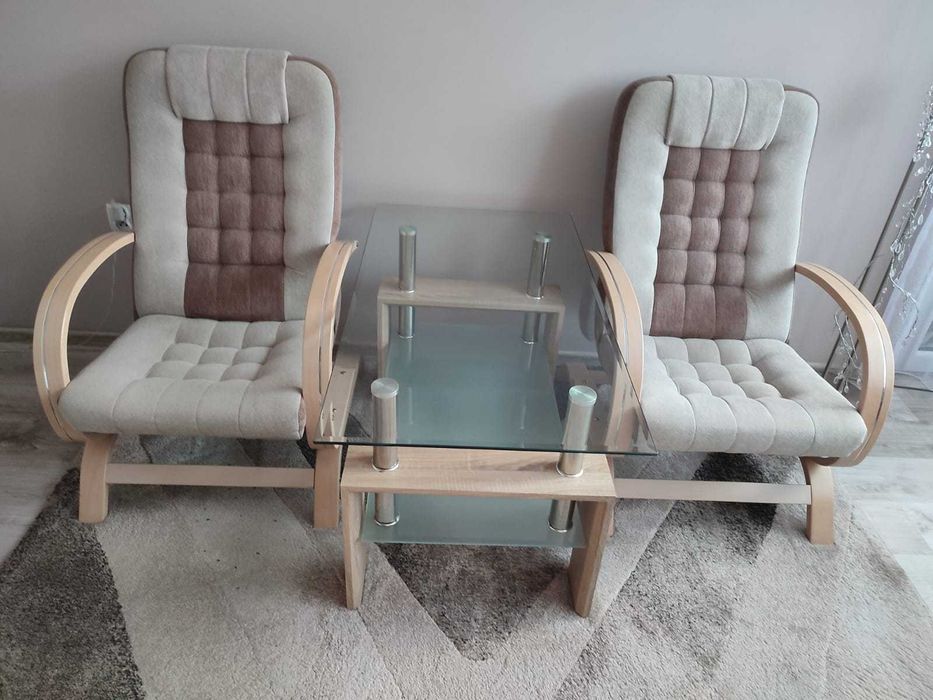 Zestaw Mebli: Dwa Fotele + Szklana Ława