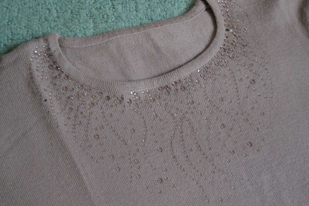 Śliczny wrzosowy fioletowy sweter XXL długi rękaw cyrkonie Dobry skład