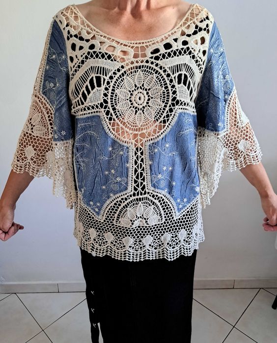 Ażurowa tunika kremowa/niebieska