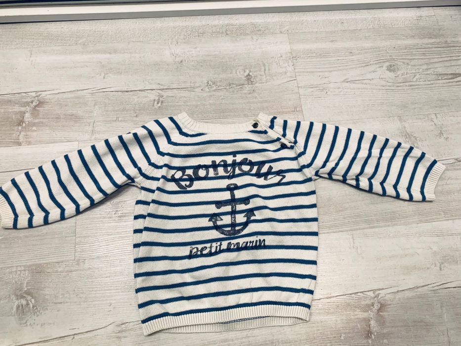 H&M r. 80 sweter sweterek marynarski w paski z kotwicą biały granatowy