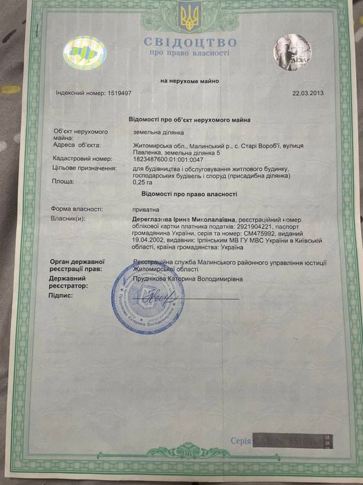 Продаж земельної ділянки 43 сотки з будинком у с. Старі Вороб'ї, Малинський район