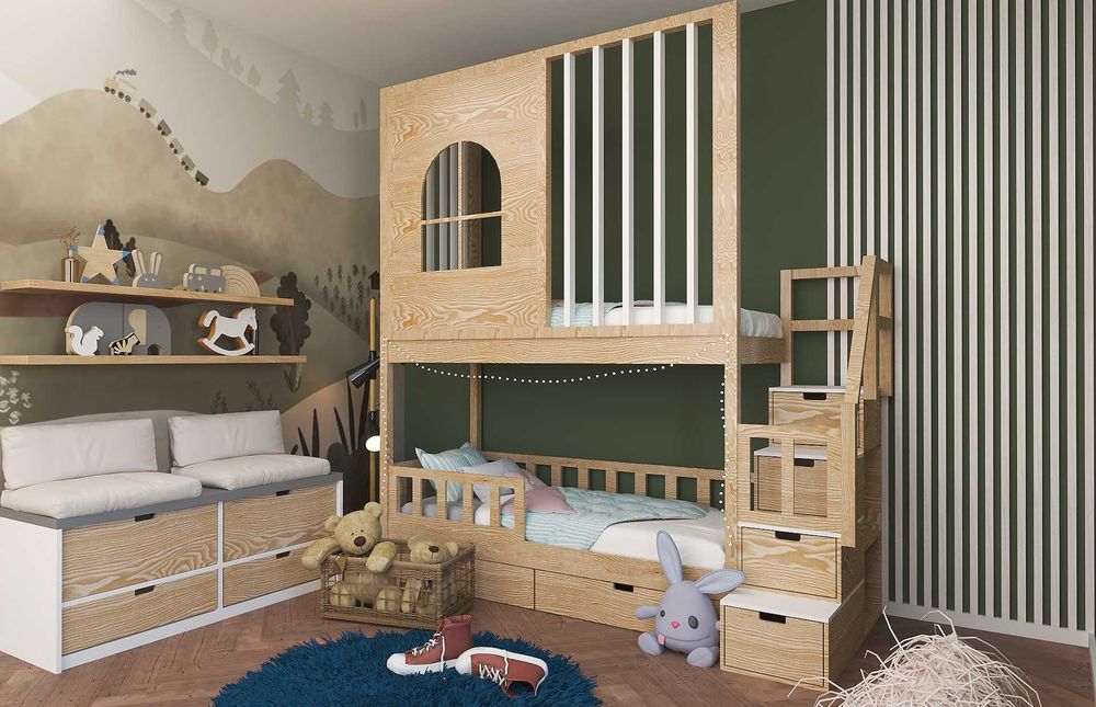 Łóżko piętrowe ze schodami i lamelami dla dzieci