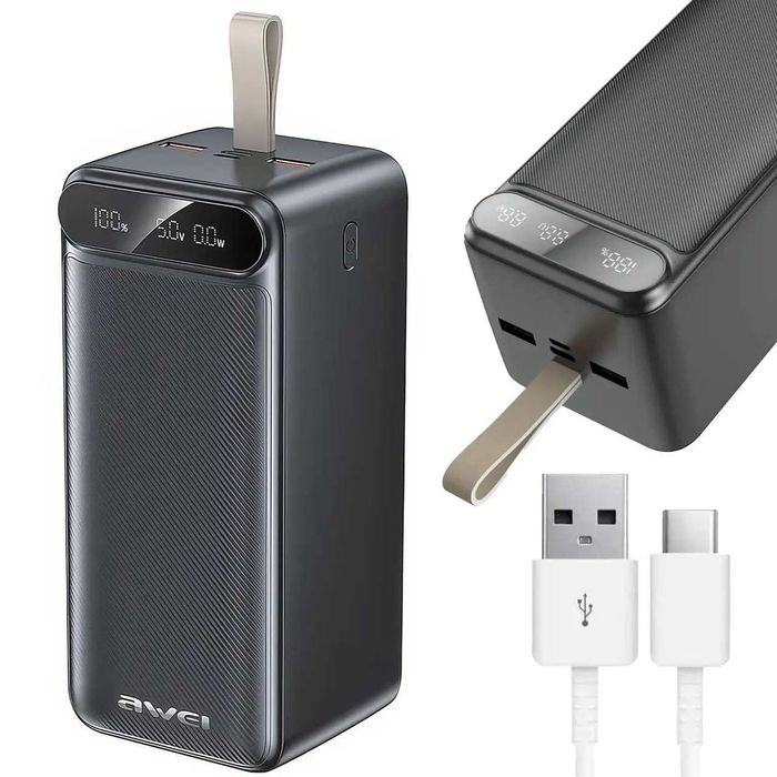 Повербанк Awei 100000 мАг, 22.5 Вт, швидка зарядка PD QC, 2 USB-A та Type-C, зовнішній акумулятор з дисплеєм і LED-ліхтарем для дому та подорожей