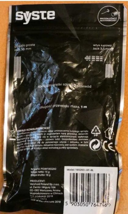 Przedłużacz słuchawkowy, SYSTE, wtyk kątowy, jack 3,5mm. Nowy!