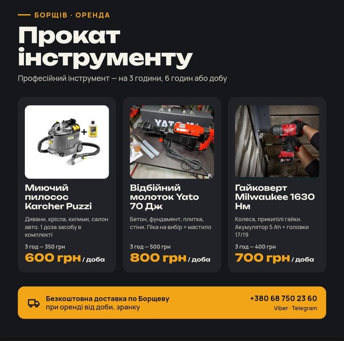 Оренда професійного інструменту. Karcher puzzi 8/1, відбійний молоток YATO, гайковерт Milwaukee