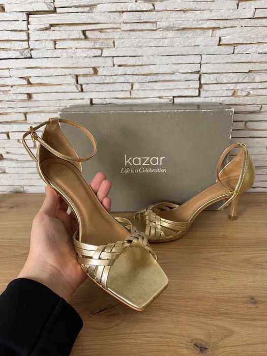 Kazar złote sandały na obcasie eleganckie plecione z pudełkiem r38