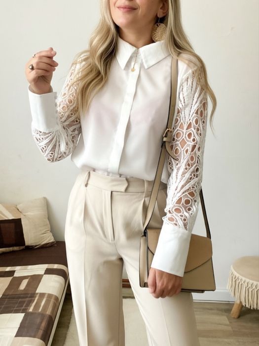Koszula damska biała rękawy koronkowe elegancka L
