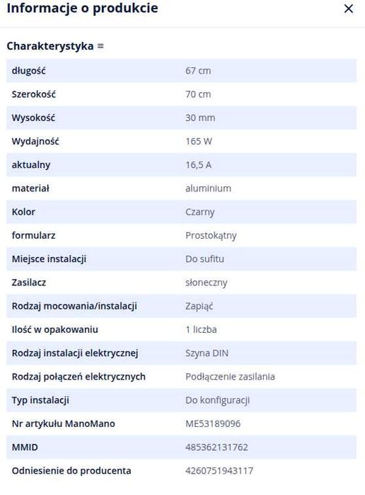 Panel słoneczny monokrystaliczny 165 watów
