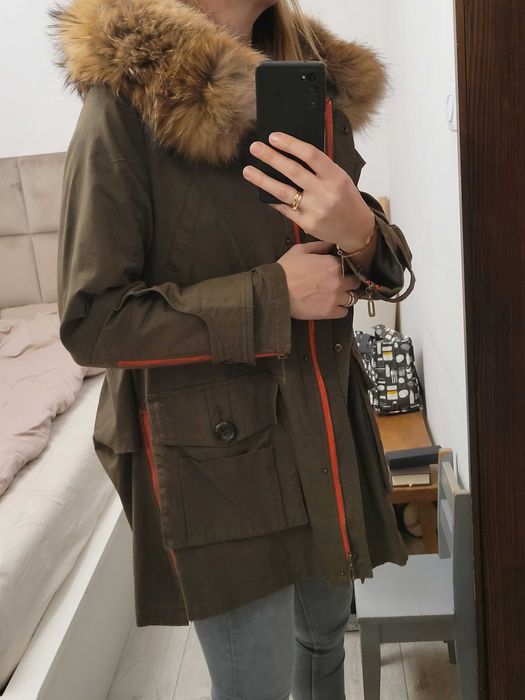 Parka ciemna zieleń futro z jenota M