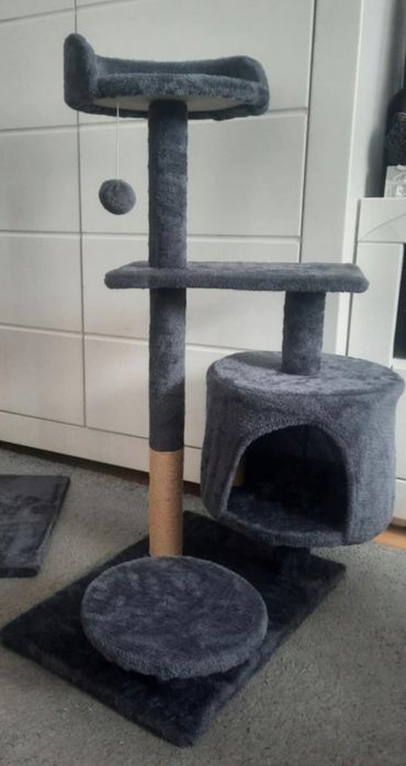 Nowy Duży drapak dla kota z budką i legowiskiem – 4 poziomy rozrywki i relaksu. Solidny słupek syzalowy.