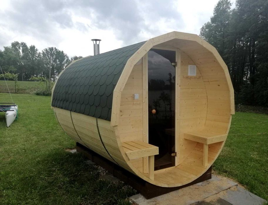 Sauna ogrodowa Beczka 250cm, Ławy + Oparcia Abachi, Szybka Realizacja