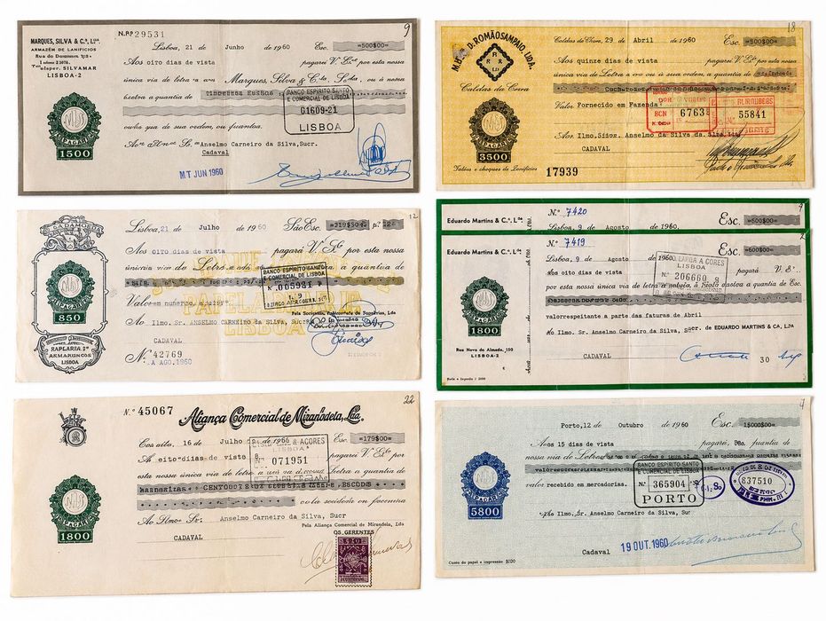 COLEÇÃO DE 13 LETRAS DE CÂMBIO ANTIGAS (1880–1960) – Período da Monarquia, Primeira República e Estado Novo