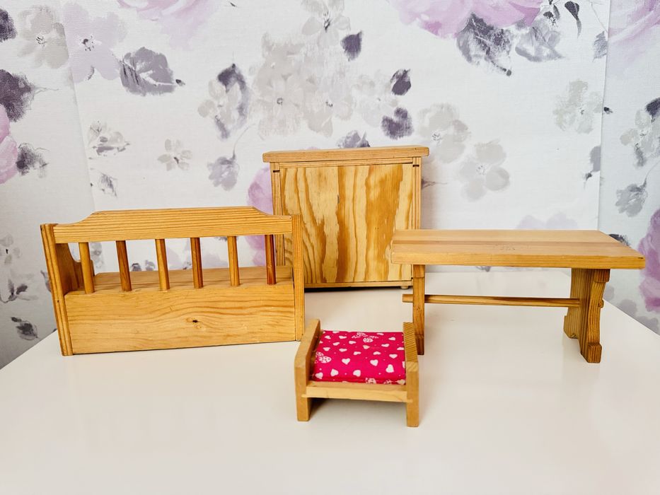 Drewniane mebelki do domku dla lalki/Maileg,szafa,stół,ławka retro
