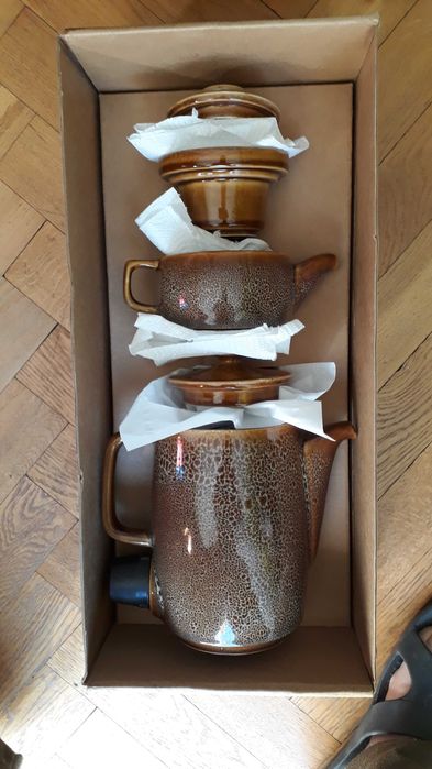 Zestaw: ceramiczny, dzbanek do podgrzewania wody - okres PRL