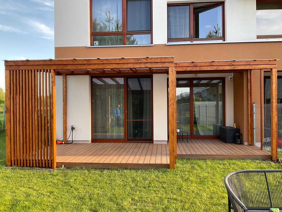Zadaszenie tarasu, pergola, drewno BSH, shutters, altana, poliwęglan