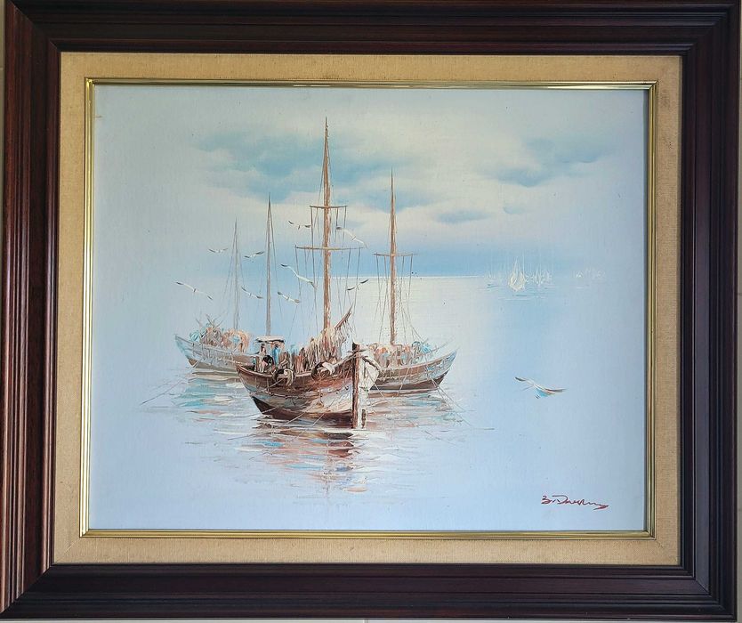Pintura a óleo de três barcos de pesca