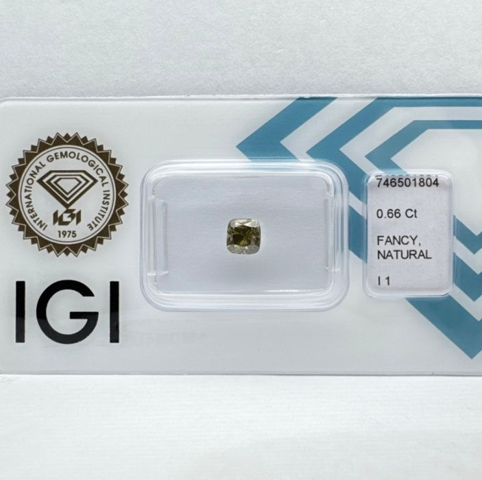 1 Diamante (natural) - 0.66 ct - Almofada - Fancy deep Verde Amarelado