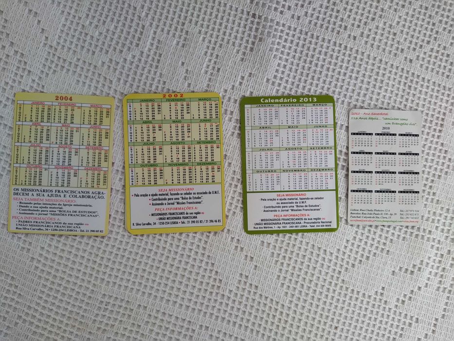 Calendários da União Missionária Franciscana - 2002 / 2004 /2010 /2013