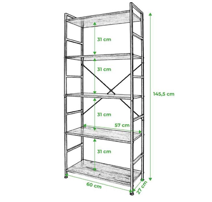 Regał na Książki 5 Półek 146x60x30cm | Półki Meble Półka Loft Metal Salon | Szafka Industrialna Dąb Czarny Stojąca Biuro Nowoczesna Nowy FV23%