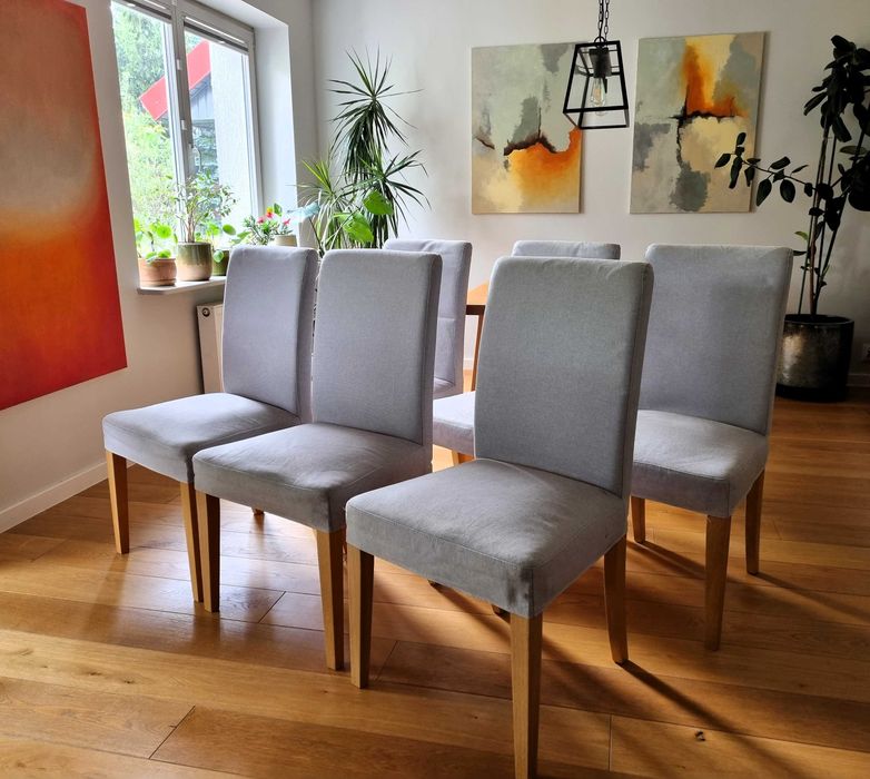 Zestaw 6 krzeseł Ikea Henriksdal Dąb z szarymi pokrowcami