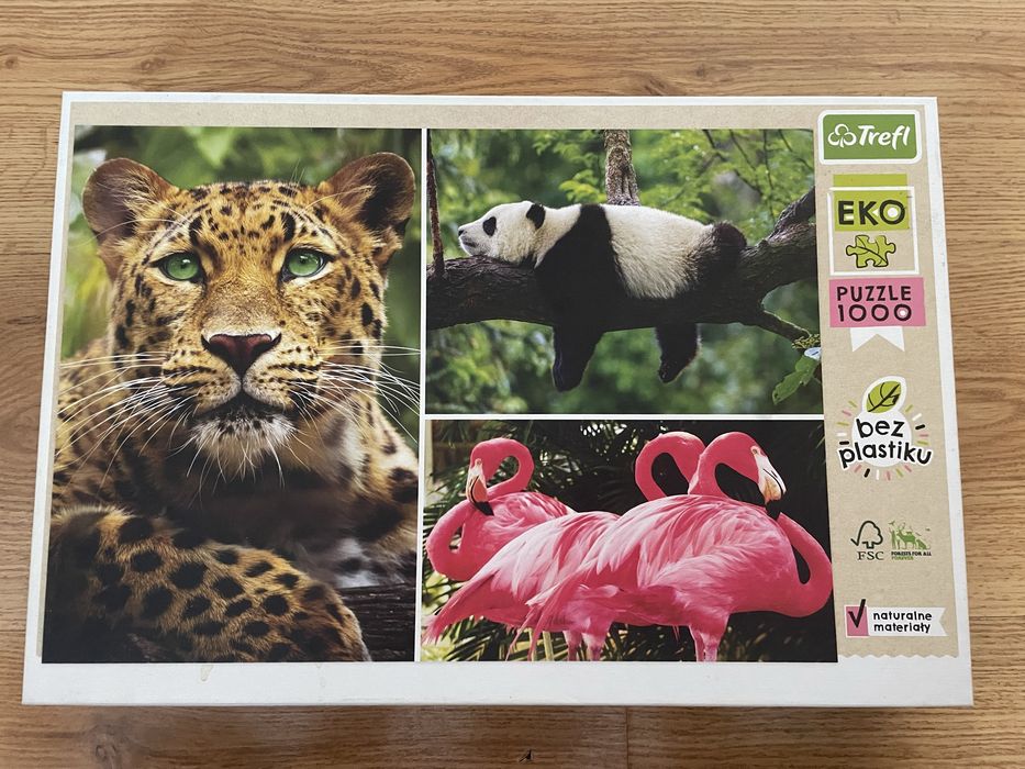 Puzzle Eko 1000 Trefl Lampart Panda Flamingi