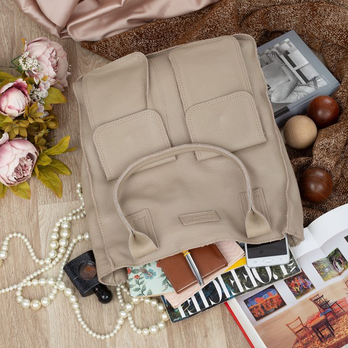 VERA PELLE torebka skórzana shopper duża z kieszeniami V516 beżowa