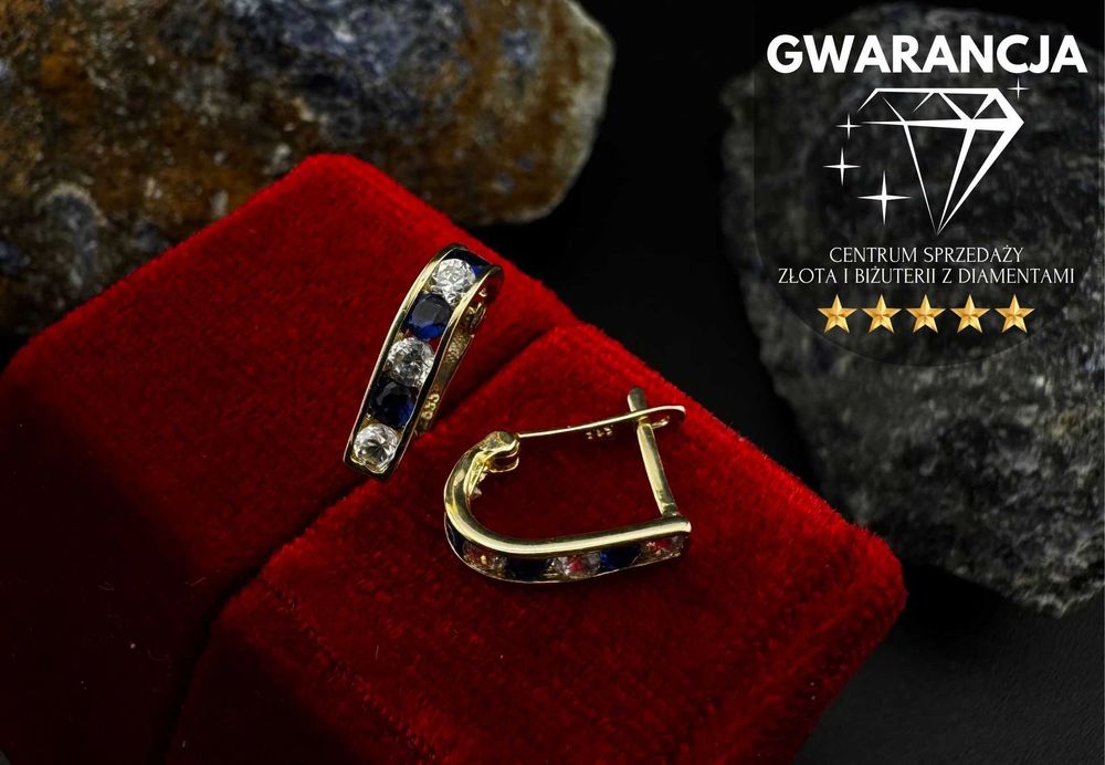 Złote Kolczyki z Granatowymi Cyrkoniami | JAK NOWE | 585 | 1.04G