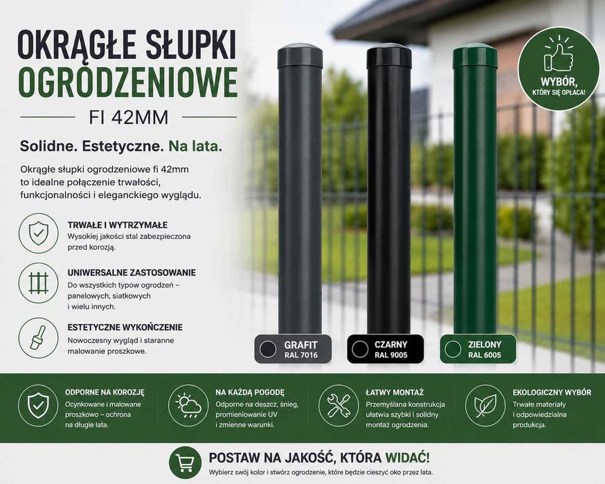 Słupek ogrodzeniowy fi 42 x 1,2 mm OCYNK+RAL różne wysokości