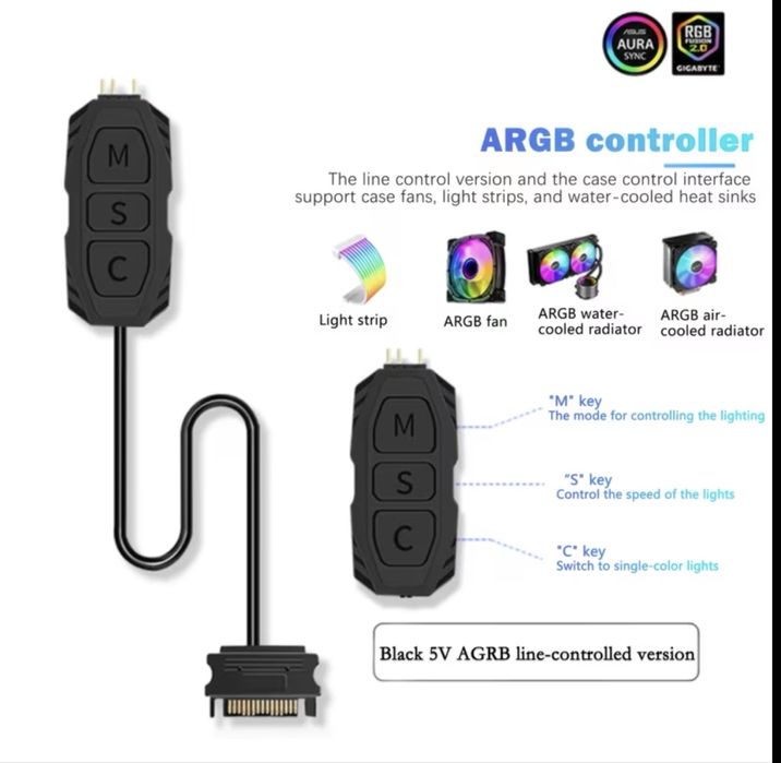 Kontroler ARGB 5V 3-pin + pilot | RGB do PC | NOWY