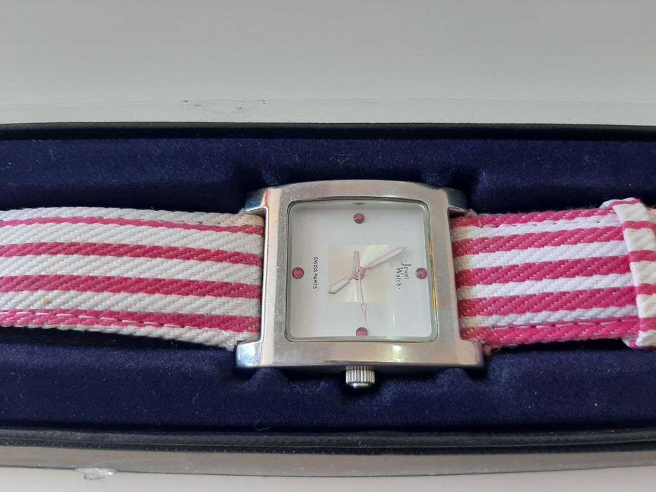 Relogio riscas Brancas e Rosa - jewel parts, swarovski crystal