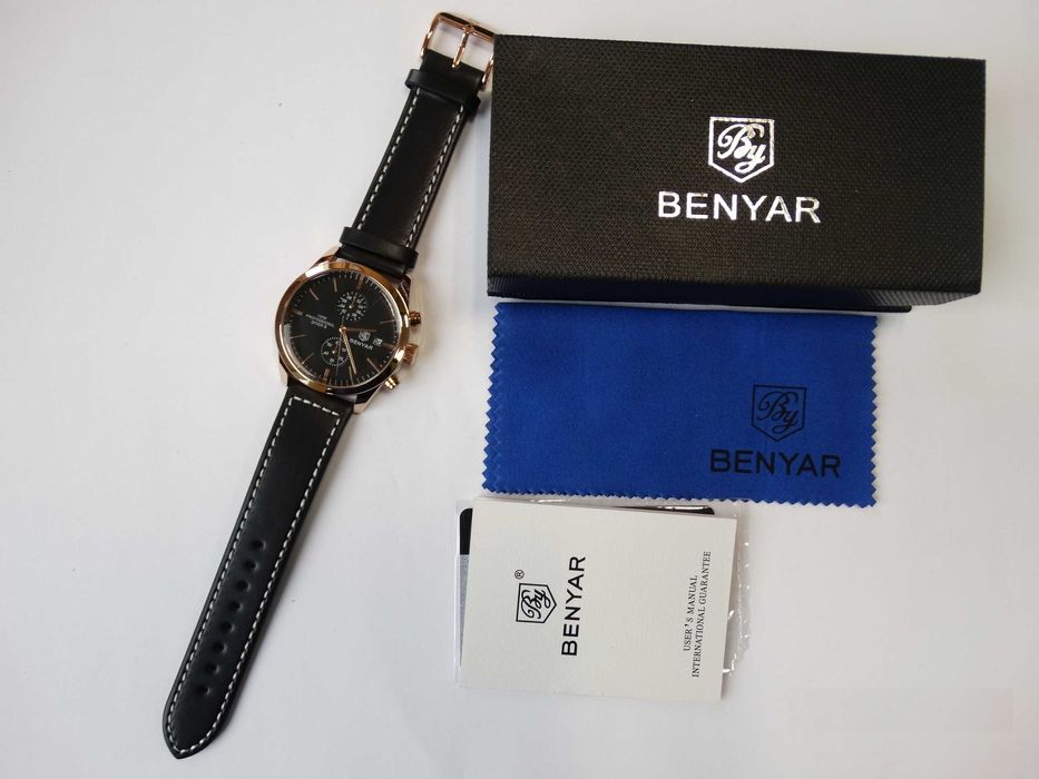 Zegarek złoty męski Benyar czarny na pasku skórzanym chronograf WR100m