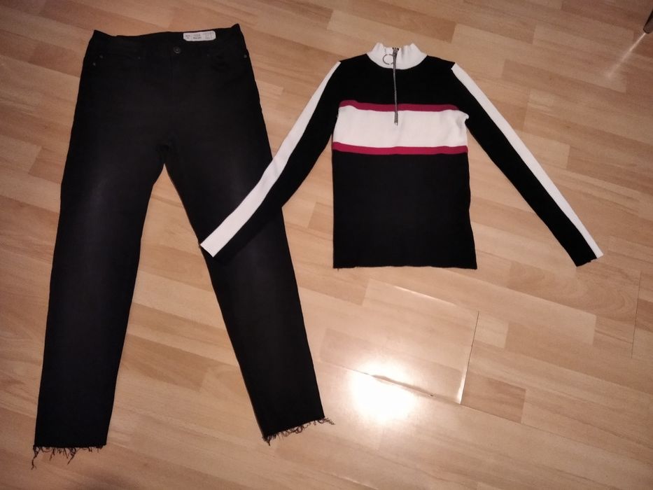 Zestaw M 38 czarne jeansy wysoki stan golf prążek czarny biały swetr