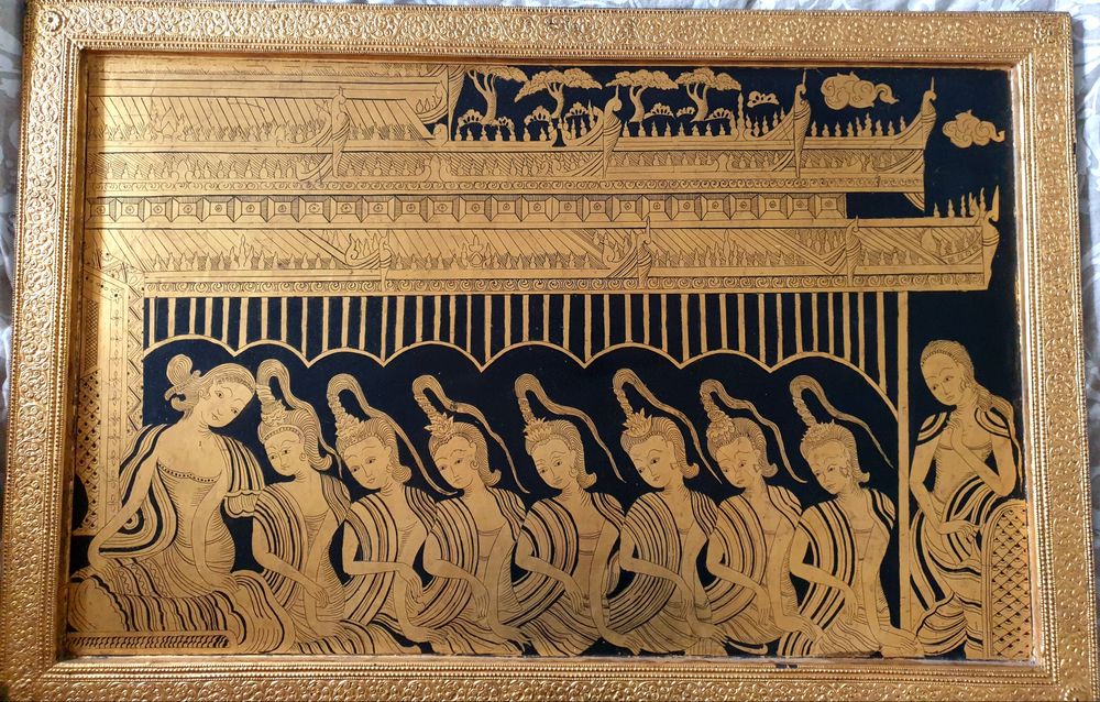 Beautiful vintage Asian wooden painting with gold lacquer painting