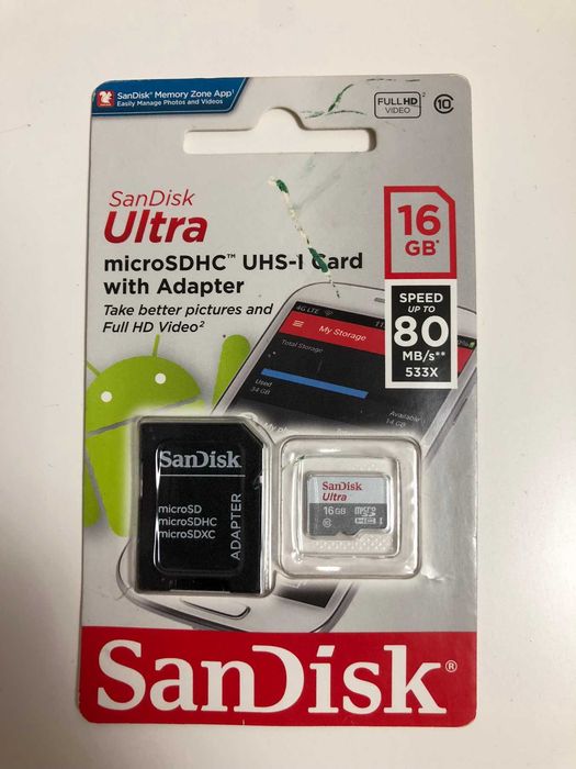 Карта памяти SanDisk 16GB Micro SD+ Adapter для телефона и других устройств