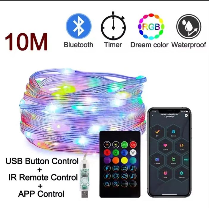 Гірлянда  Smart 10-20м  управління з телефону+ пульт. З батарейками