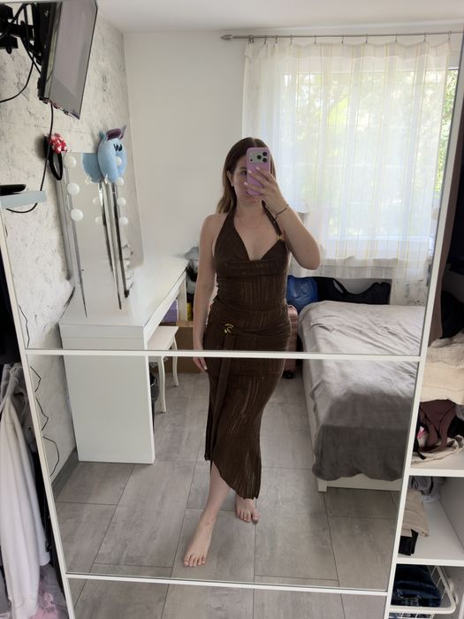 Brązowy komplet top halter + spódnica midi prążkowany, Opulessa, rozmiar S