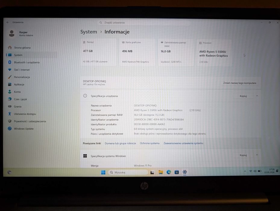 Laptop HP 15s-eq2704nw Ryzen 5 5500U 16GB ram
