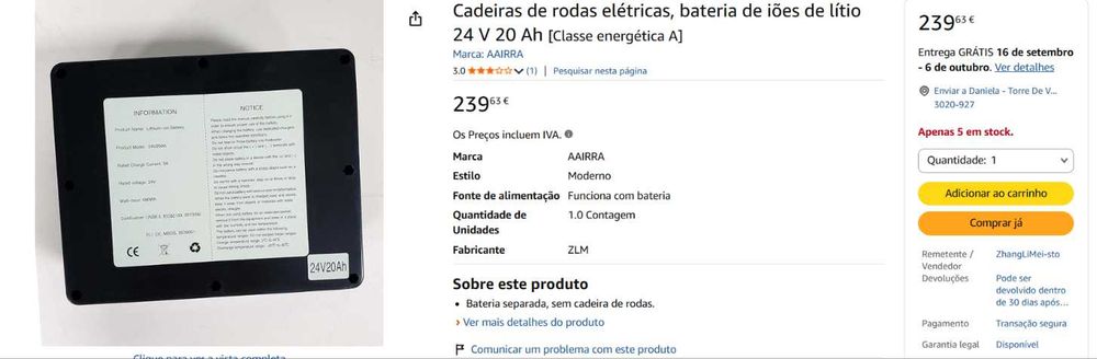 cadeira de rodas eletrica e dobravel de marca CZCZ, e sua bateria