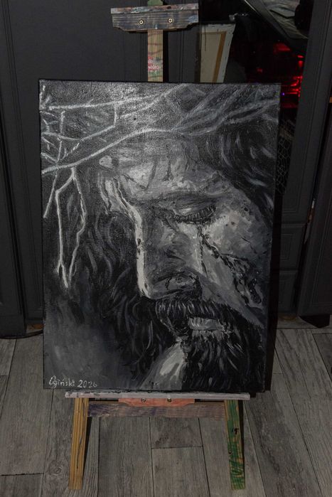 Obraz Jezus w cierpieniu” – ręcznie malowany 50x70 płótno akryl