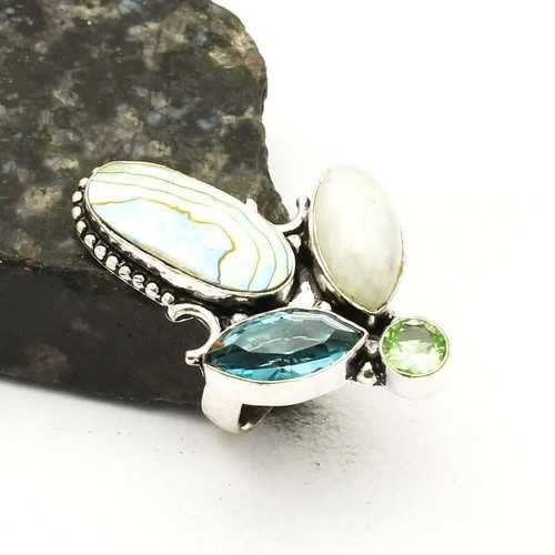 Pierścionek kamień księżycowy, topaz, muszla abalone paua. Próba 925