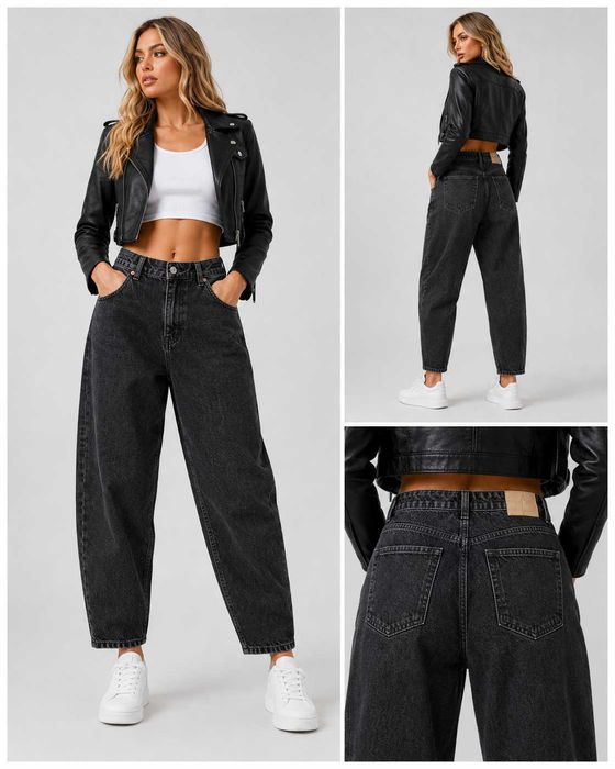 ZARA джинсы Balloon Fit, черные вареные, 100% хлопок, р. 46/L