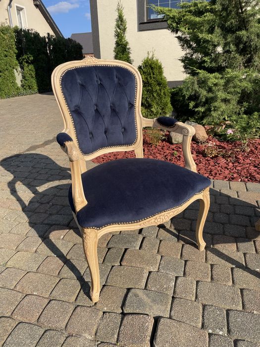 Fotel ludwikowski dąb drewno granat zieleń ława Ludwik XV renowacja