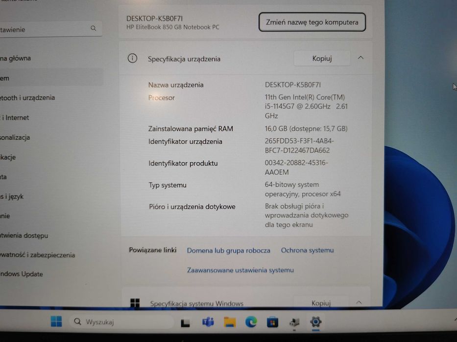 Laptop HP EliteBook 850 G8 i5-1135G7 16GB 256GB Windows 11 Pro office