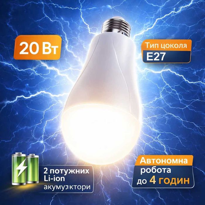 Акумуляторна LED лампа E27 20Вт — світло при відключенні електрики