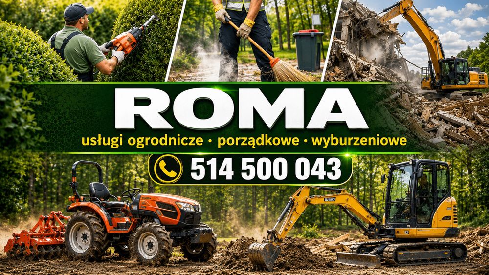 Zakładanie ogrodów, glebogryzarka separacyjna, koszenie, rębak, minikoparka