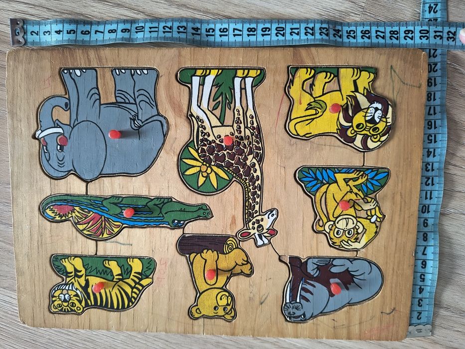 Układanki drewniane zwierzęta kształty vintage