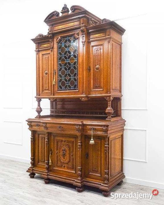 Antyk Wysoki KREDENS drewniany zdobiony KREDENS DĘBOWY Witraż lata 20.
